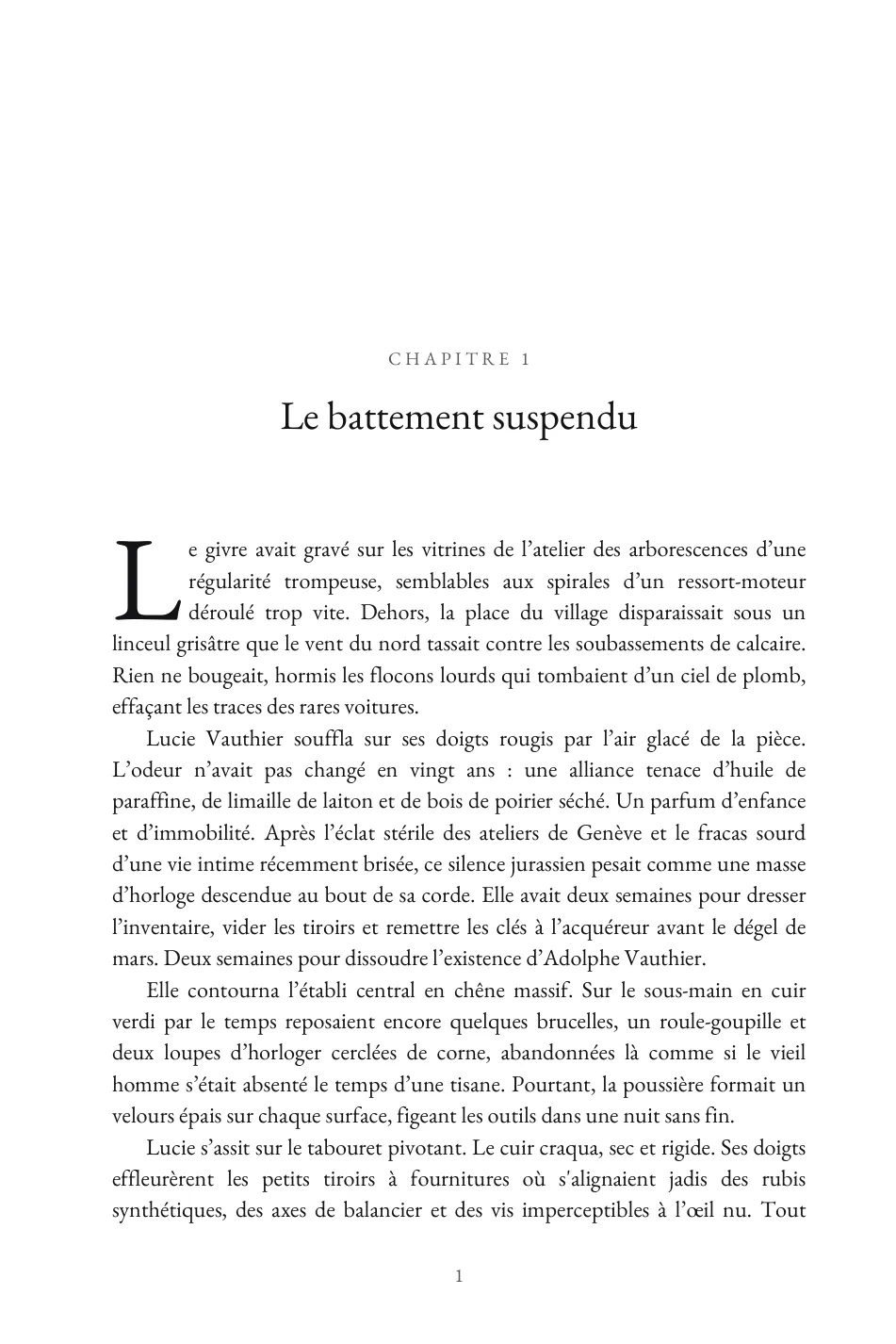 La première page du chapitre 1, mise en page avec une lettrine et le titre du chapitre centré